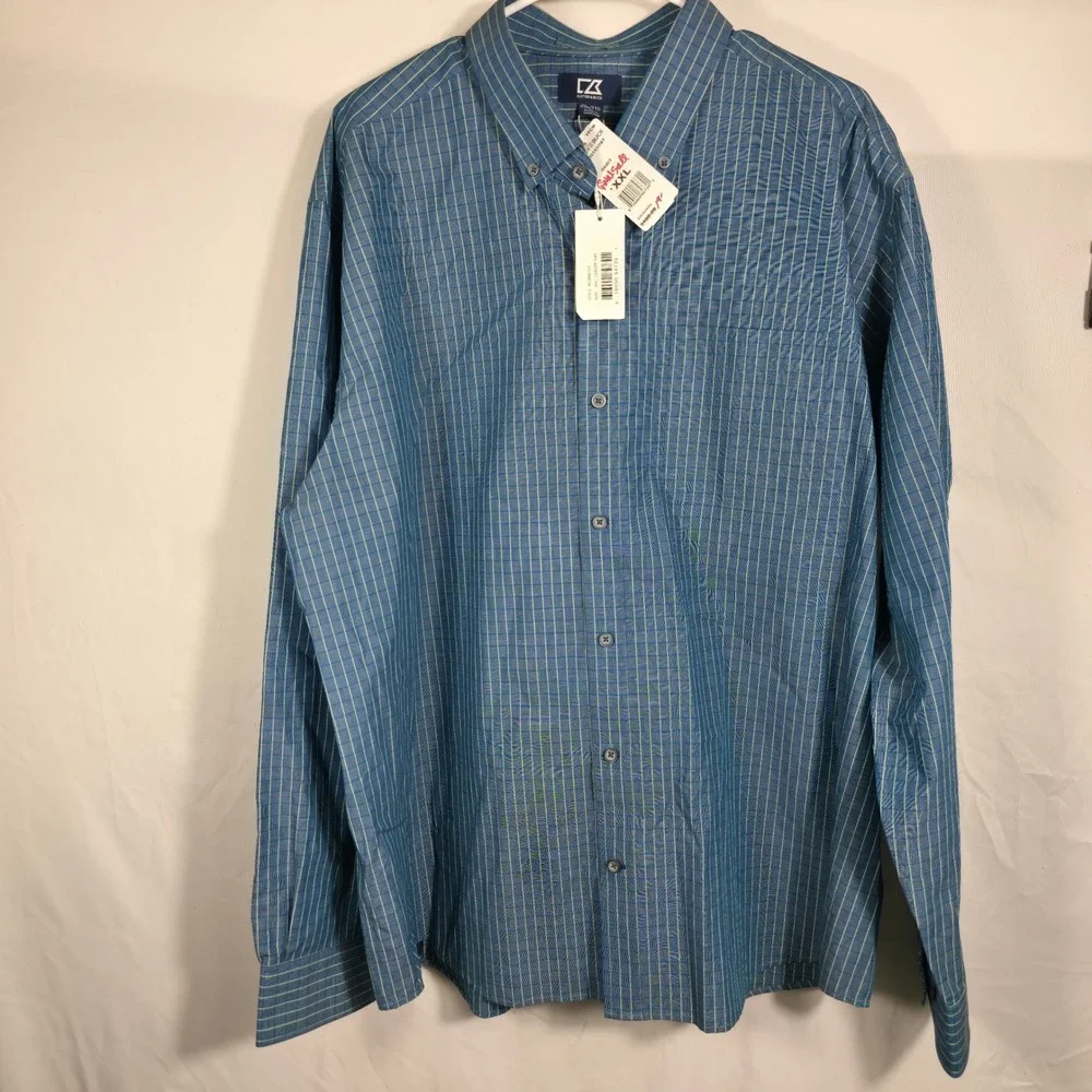 Cutter & Buck Button Down Mens XXL Blue NWT Non-Iron Grid Shirt MCW00153